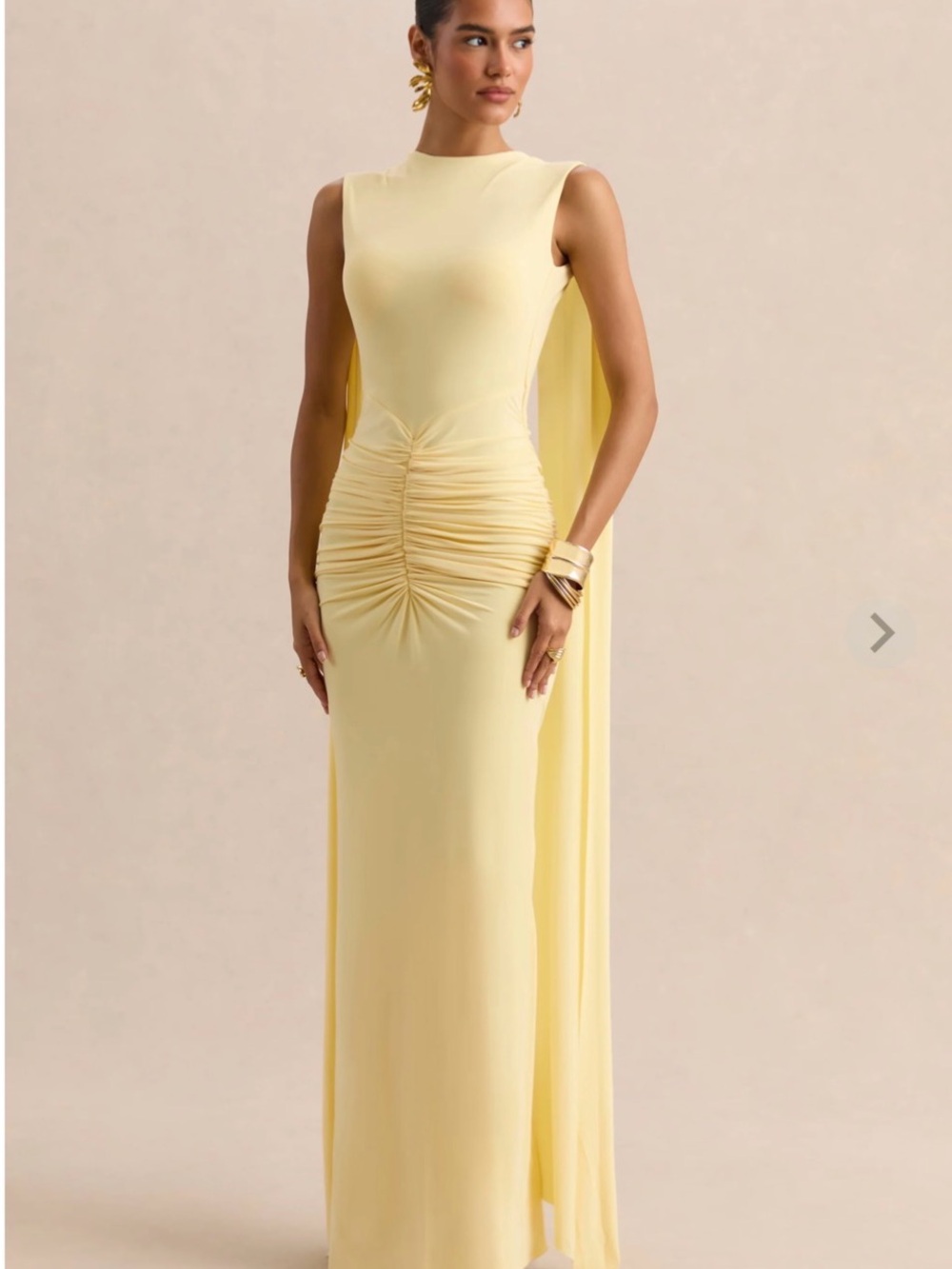 CLUB L LONDON- Elegant Sleeveless Ruched Maxi Dress in Pale Yellow Brand New